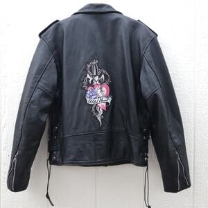 Vtg Unik Double Rider Leather Jacket Women 10 Black Biker Wild Heart Patch Moto